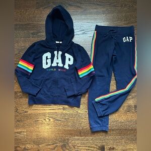 GAP Kids 2 piece hoodie sweatsuit jacket Navy blue rainbow stripes Size 10
